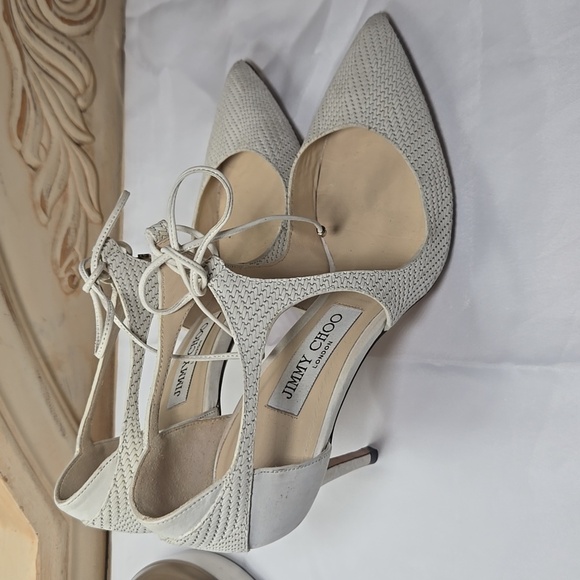 Jimmy Choo Tie up Pumps Eggshell Off white Weave Texture 37.5 - Picture 8 of 12